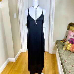 Staud Dress Slip Maxi Black Satin Strappy Longline Side Slits (10)